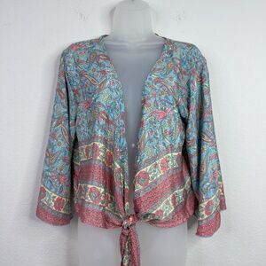 Bigg Bull Shirt Womens L Colorful Silk Floral Paisley Tie Front Crop Boho Hippie